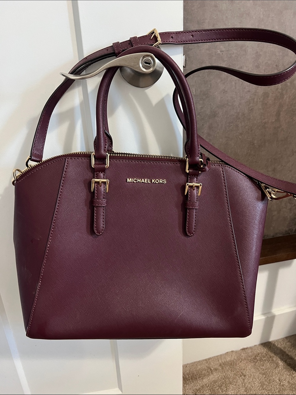 Michael Kors Wine Saffiano Leather Satchel with Gold Hardware